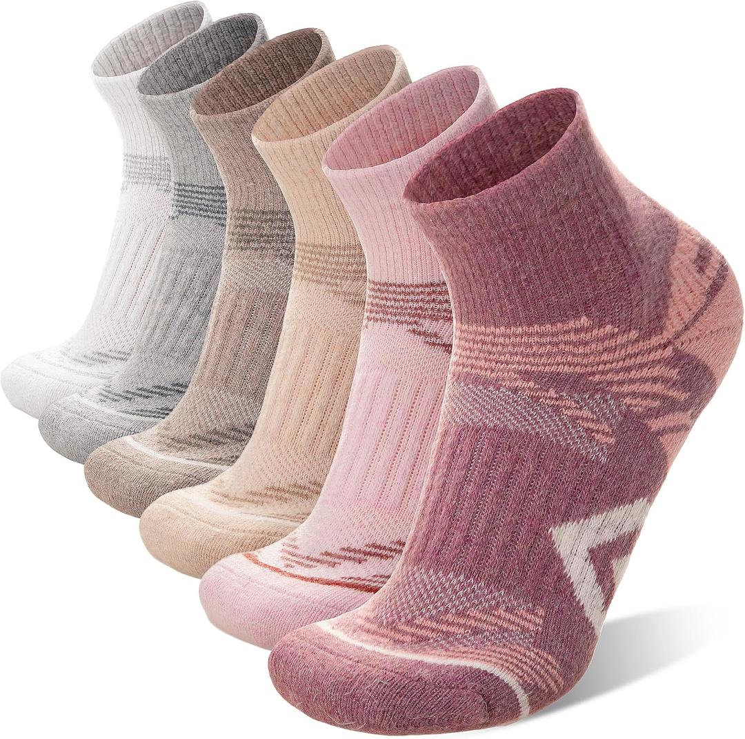 ANTSANG 6 Pairs Merino Wool Quarter Ankle Hiking Running Socks Compression Thermal Thick Cushion Socks for Women Men(Pink Series,M)