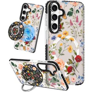 Lotadilo Cute Case for Samsung Galaxy S24 FE for Women Girls - Funny Retro Flower Design Compatible with Magsafe Magnetic Ring Holder Kickstand Fashion TPU Phone Covers