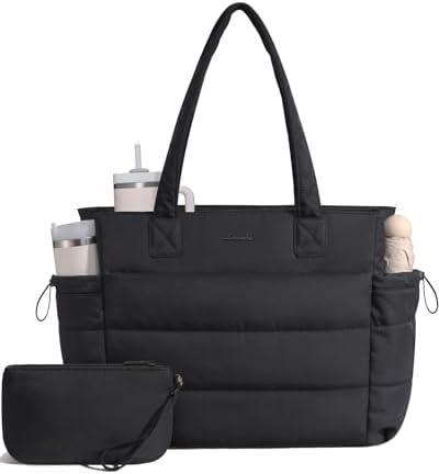 LOVEVOOK Tote Bag for Women with Giant Tumbler Holder Pocket, Puffer Work Travel Laptop Handbag with Zipper for Nurse Teacher