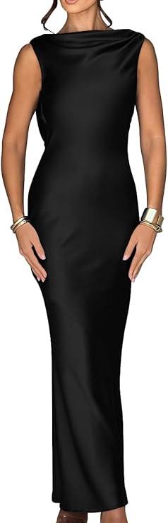 Memoriesea Women's Satin Elegant Sleeveless High Neck Tie Cocktail Party Maxi Dress, Small