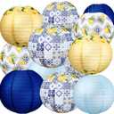 Retisee 12 Pcs 10'' Capri Lemon Pattern Paper Lantern Party Supplies for Bridal Shower Wedding Amalfi Coast Blue Yellow Tiles Mediterranean Party Paper Lantern Hanging Decor for Lemon Birthday