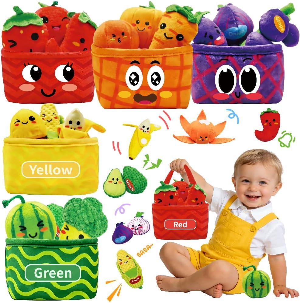 Play Food for Toddlers 1-3, Plush My First Fruit Vegetables Basket Color Sorting Rattle, Squeaker & Crinkle Play Food Set for Kitchen Baby Sensory Toys Easter Basket Stuffers Birthday Gifts 20PCS