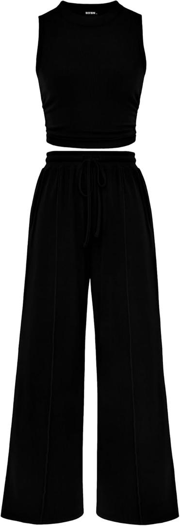 BTFBM Women Summer 2 Piece Outfits 2025 Beach Crew Neck Sleeveless Cropped Top Elastic Waist Wide Leg Pants Lounge Set (Small, Black)