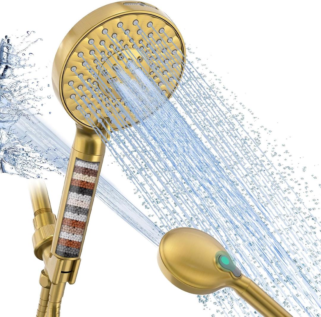 SR SUN RISE Filtered Shower Head with Handheld High Pressure 9 Spray Mode Showerhead Detachable Shower Head Water Softener Filters 1 Filter Brushed Gold