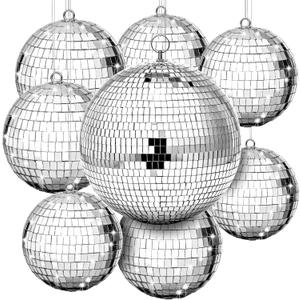Haull 8 Pcs Large Disco Ball Set Silver Mirror Disco Reflective Ball with Hanging Ring Party Ornament Decoration for Stage Club Ballroom Dance Hall Wedding Prom Props(8'', 6'', 4'')