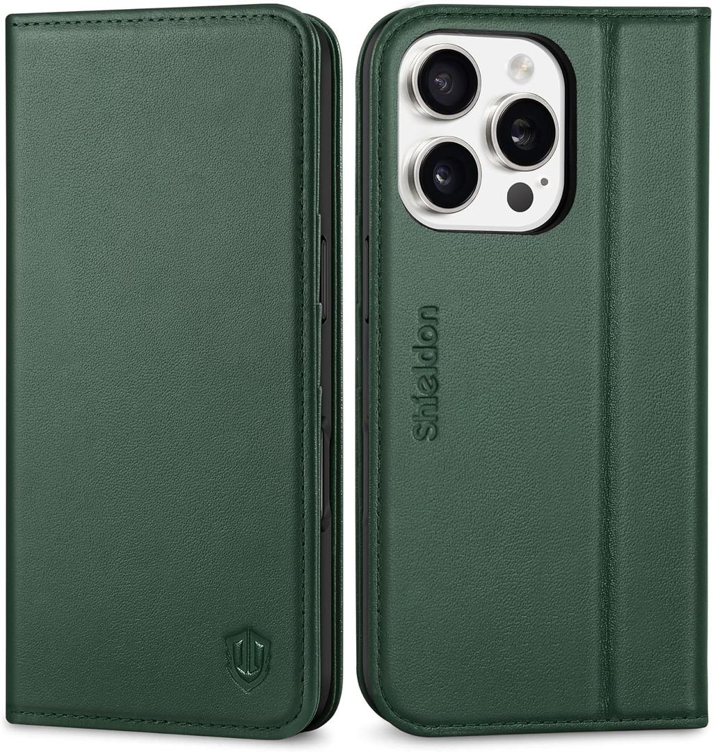 SHIELDON Wallet Case for iPhone 16 Pro 6.3", Genuine Leather Flip Magnetic Closure RFID Blocking Credit Card Slot Kickstand Shockproof TPU Shell Case Compatible with iPhone 16 Pro - Nappa Evergreen