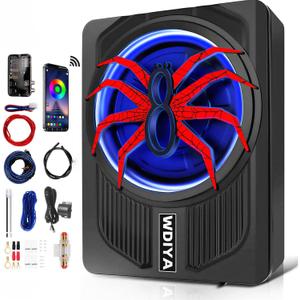 Upgraded 10" 1200W Slim Under Seat Powered Car Subwoofer with Built-in Amplifier - Low Profile Bass Sub for Car & Truck Audio - Includes Wiring Kit & LED Ambient Lights