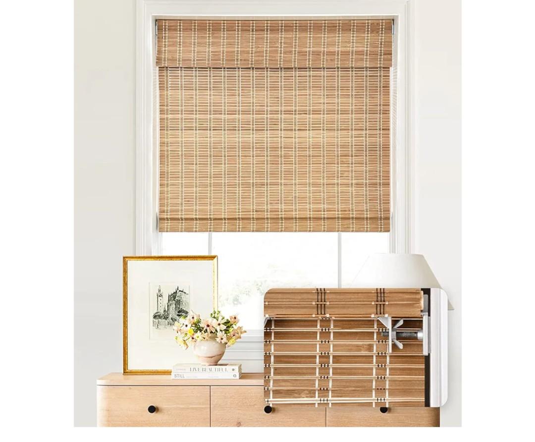 LazBlinds No Tools No Drill Cordless Bamboo Roman Shades, Light Filtering Window Treatment, Roll Up Bamboo Blinds for Windows 25'' W x 64'' H, Brown