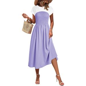 Wenrine Womens Casual Summer Midi Dress Smocked Cap Sleeve Crew Neck Color Block A Line Flowy Beach Dresses