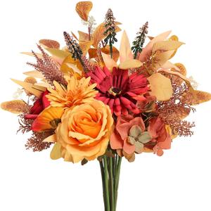 Artificial Fall Flowers Bouquet for Decoration, Fall Fake Silk Flower Arrangements Faux Autumn Flowers Fall Decorations for Home Indoor Office Wedding Bride Bouquets Tables Centerpieces Fall Decor (1PCS)