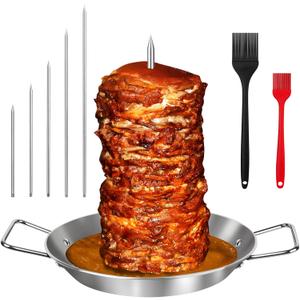 Al Pastor Skewer for Grill, Extra Large 13 Inch Gyro Pan with Fat Separator, Brazilian Spit Stand with 5 Spikes & 1 Brush, Stainless Steel Vertical Sticks for Shawarma, Chicken on Smoker Oven