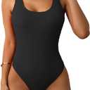 Limeeke Women One Piece Swimsuit Solid Ribbed Monokini Swimwear Scoop Neck Low Back Bathing Suit (M)