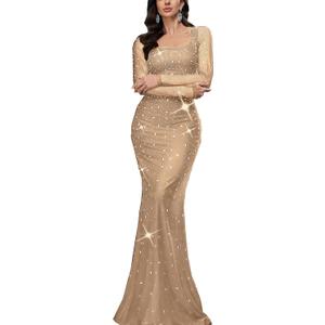 Women's Formal Evening Gown Elegant Rhinestone Long Prom Dress Wedding Guest Party Cocktail Bridesmaid Maxi Dress, M