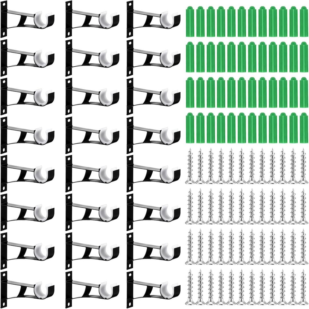 24pcs Heavy Duty Curtain Rod Bracket with Screws, Wall Mount Curtain Rod Holders for Wall - Fit 1 Inch Drape Rods, Black Aluminum Alloy with ABS Plastic