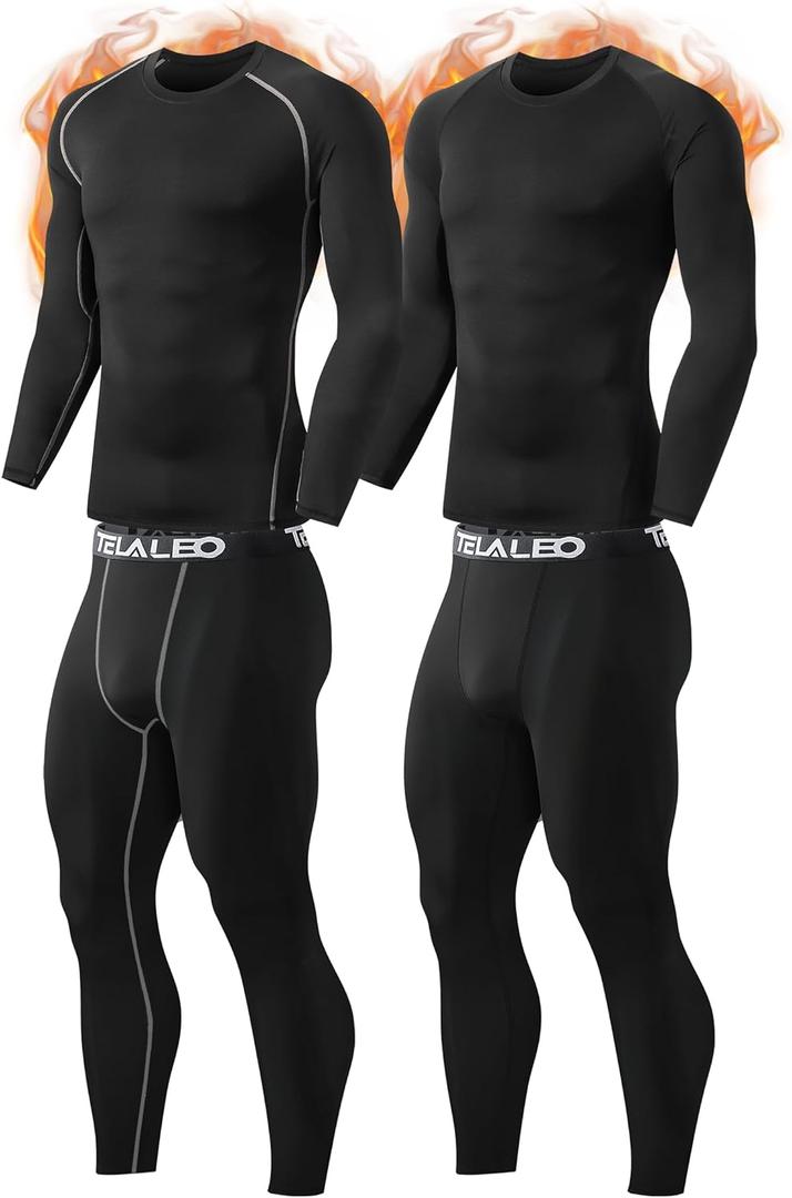 TELALEO 2 Set Mens Thermal Underwear Fleece Lined Long Johns 4 Pcs Base Layer Shirts Pant for Cold Winter Weather (XX-Large)