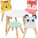Kids Wooden Animal Table & Chair Set w 4 Seats- Tiger Panda Fox & Adult Stool- Arts & Crafts Coloring, Dining, Pretend Play- Durable Playroom Furniture, Home Daycare Classroom- Toddler Activity Center