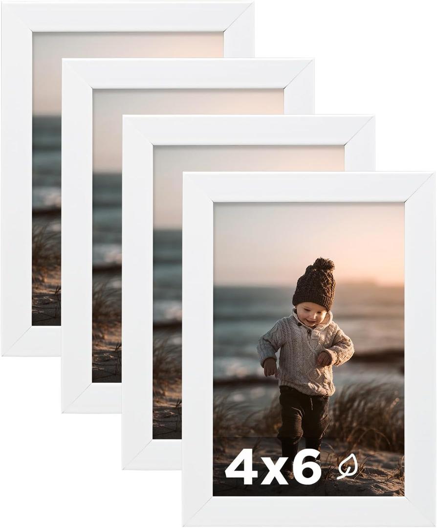 KINLINK 4x6 Picture Frame White Set of 4, Wooden Photo Frames with Plexiglass for 4x6 without Mat for Table and Wall Display