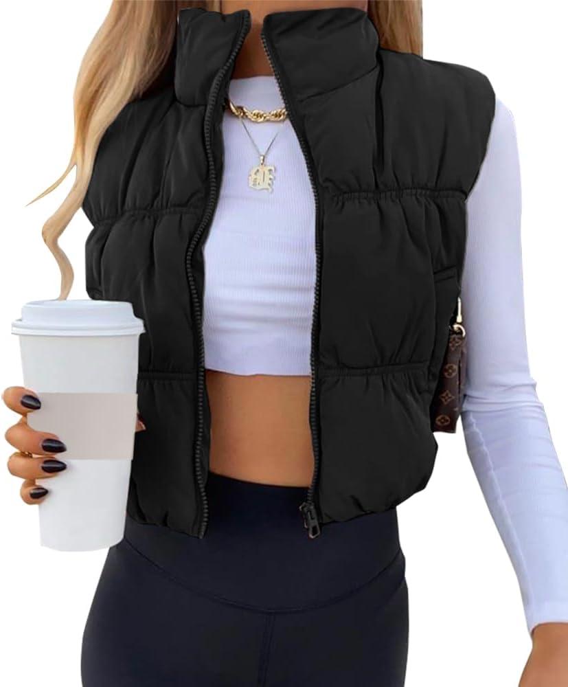 Sea Women's Crop Puffer Vest Winter Zip Up Lightweight Sleeveless Warm Outerwear Padded Coat (Black), Small