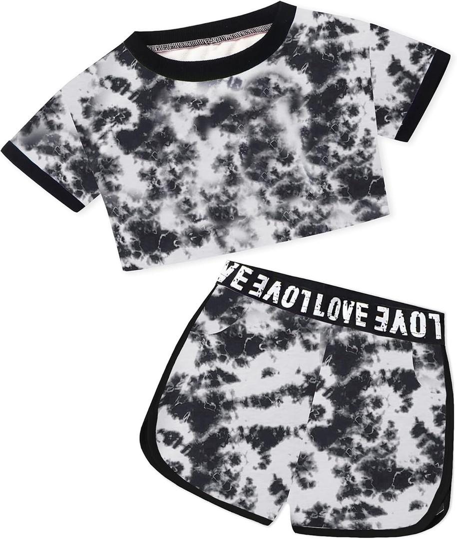 Betusline Girls Summer 2 Piece Outfits,Kids Short Sleeve Crop Top & Shorts Set with Side Pockets (Black)