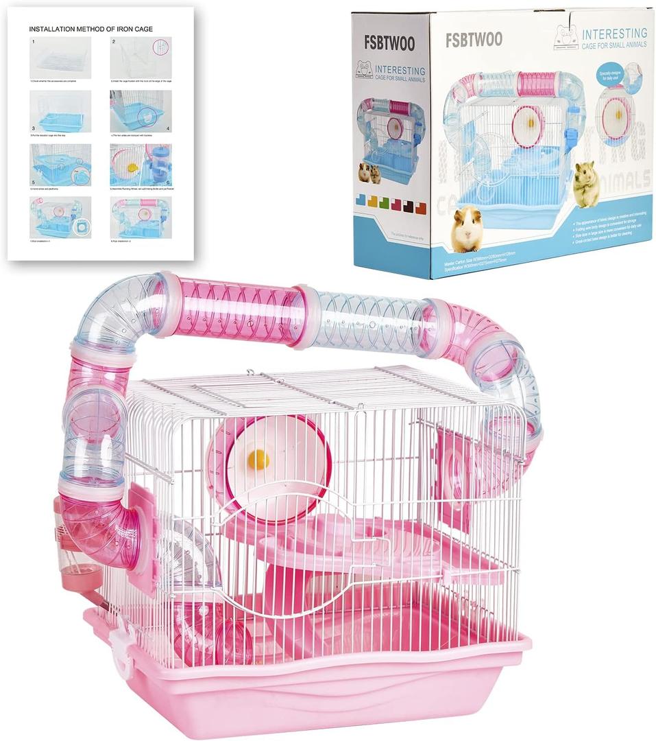 Hamster Cages, A Wire Rat Cage with a Large Space for Dwarf Hamsters, Guinea Pig, Gerbils, Mouse or Other Small Animal Cage, Pink