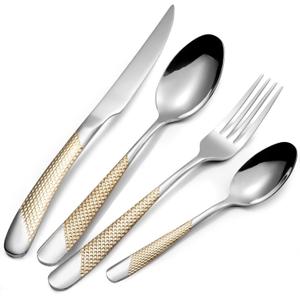 24 Piece Gold Hammered Silverware Set for 6, Premium Food-grade Stainless Steel Flatware Set, Luxury Design & Mirror Polished Cutlery Set, Eating Utensil Set with Fork Knife Spoon, Dishwasher Safe