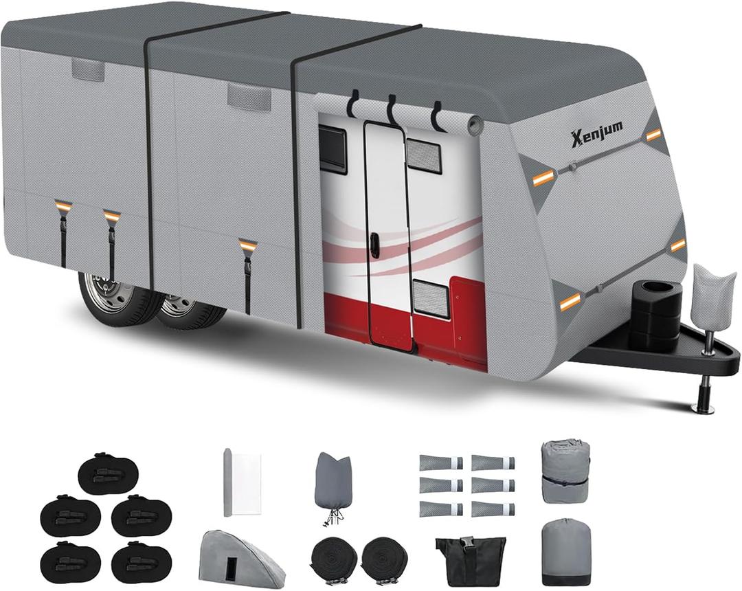 RV Cover for 16-18 ft Travel Trailers, 7 Layers Heavy Duty Camper Cover, Weatherproof & UV Resistant Motorhome Trailer Cover with Gutter & Tongue Jack Covers