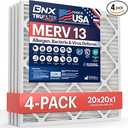 BNX TruFilter 20x20x1 MERV 13 (4-Pack) AC Furnace Air Filter - MADE IN USA - Electrostatic Pleated Air Conditioner HVAC AC Furnace Filters - Removes Pollen, Mold, Bacteria, Smoke