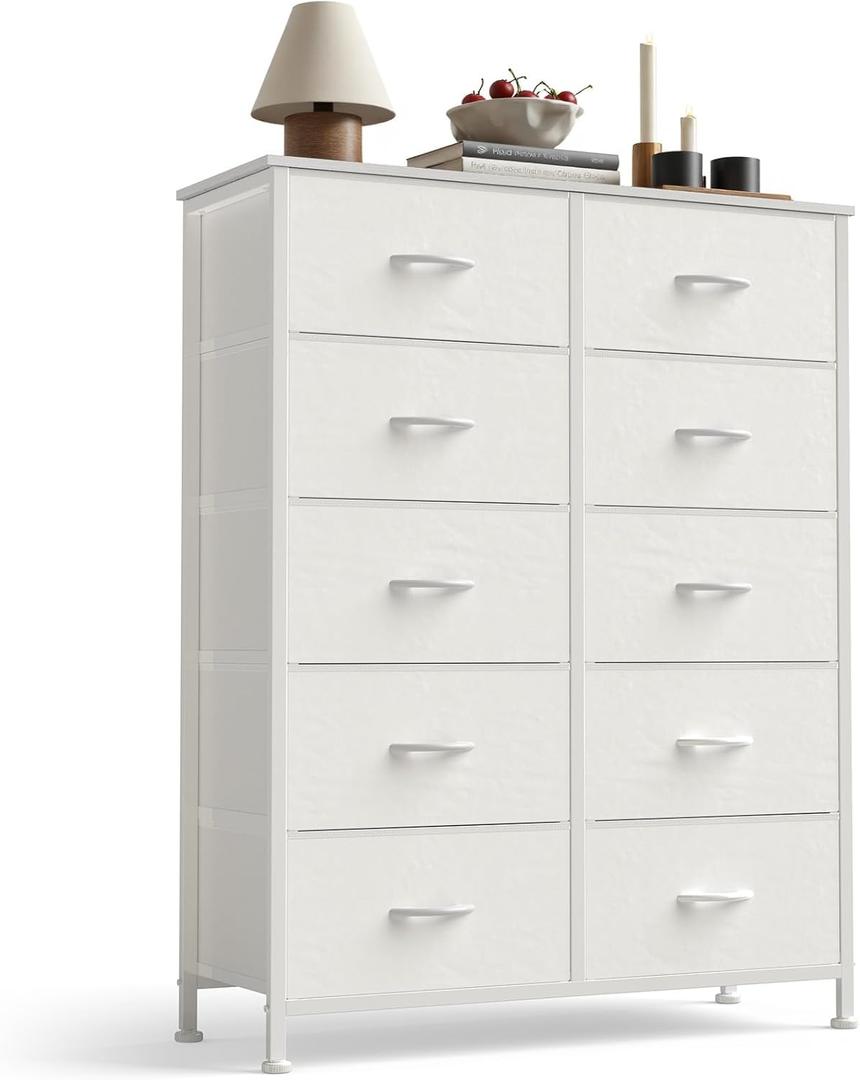 Sweetcrispy 10 Drawer Fabric Dresser Storage Tower with Bins, Tall Chest Organizer for Bedroom Closet Hallway, Steel Frame Wood Top Easy Pull Handles,White
