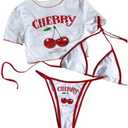 SHENHE Women's 3 Piece Cherry Swimsuits Y2k Triangle Halter Thong Bikini Set with Cover Up S