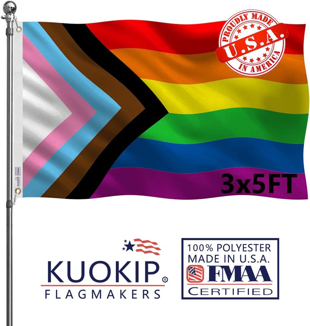Double Sided Inclusive Progress Pride Rainbow Flag 3x5 Made in USA Outdoor Heavy Duty 3 Ply Polyester LGBTQ Rainbow Flags with White Starting Tape and 2 Brass Grommets