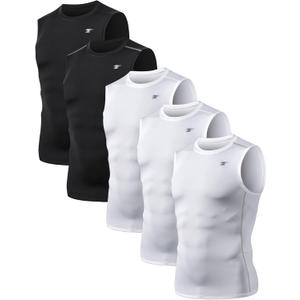 TELALEO 5 Pack Men's Athletic Compression Shirts Sleeveless Workout Tank Top Sports Base Layer Running Basketball (Large, Black/White(five Pack))