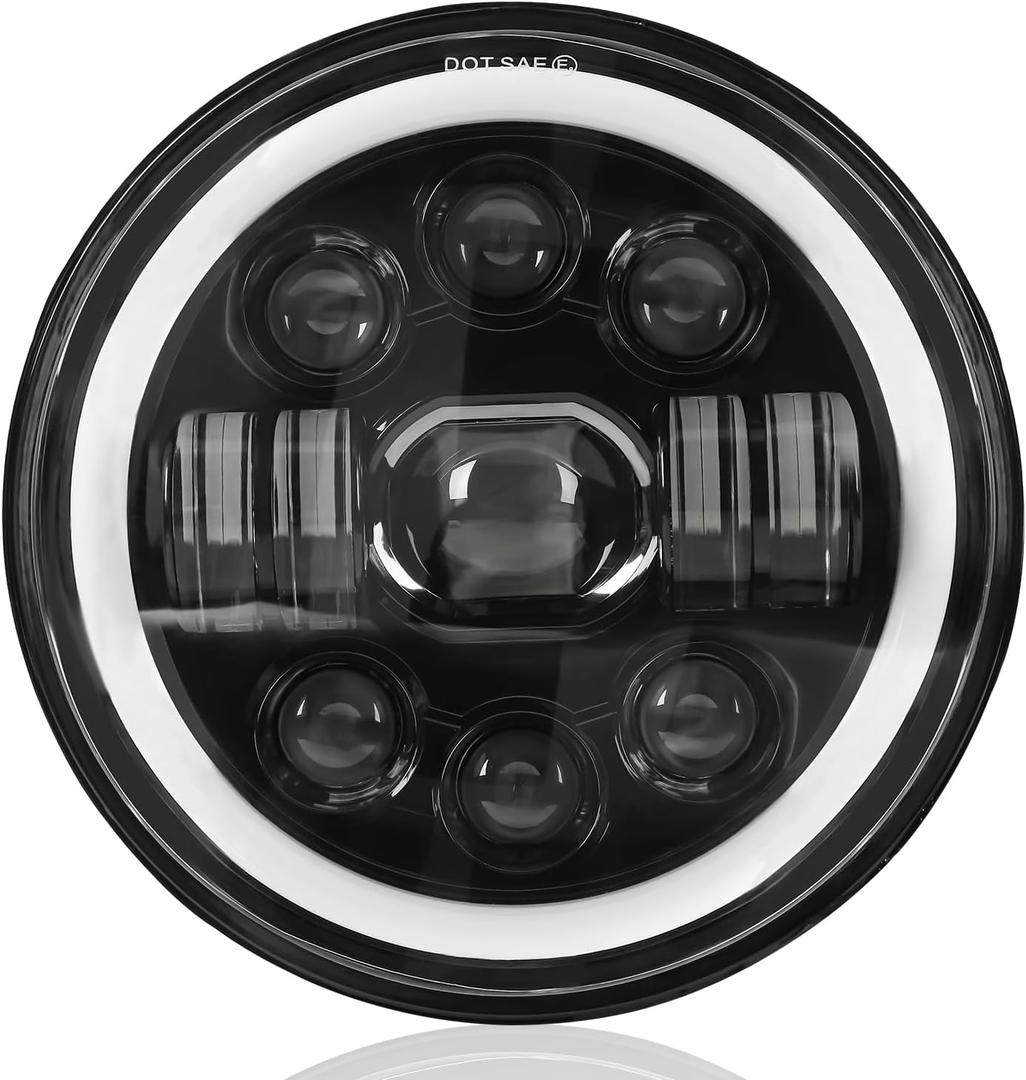 7 Inch Motorcycle Headlight, 7''Round LED Headlights DRL Halo Ring Angle Eyes Turn Signal Lights Hi/Lo Beam Head Light Compatible with Harley Headlamp Softail Road King Glide Motorcycle Honda Yamaha