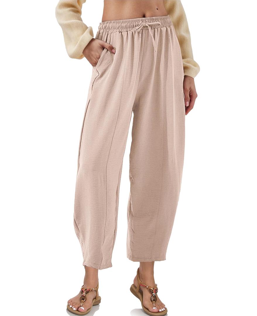KateModa Womens High Waisted Baggy Pants Drawstring Elastic Waisted Ankle Length Pants Palazzo Casual Trouser with Pockets Apricot L
