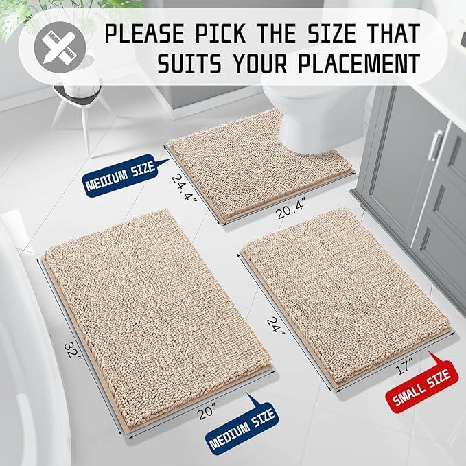 Yimobra Chenille Bathroom Rugs - 24"x17" Super Luxury Soft & Absorbent Quick Dry - Non-Slip Bath Mat for Tub Shower - Machine Washable - Light Brown