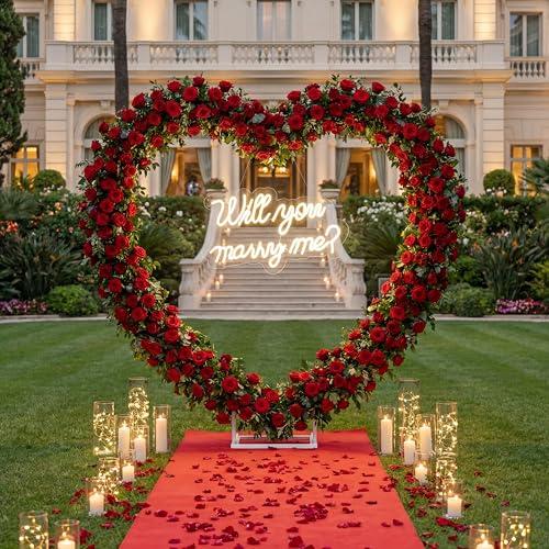 Breling 7.87ft Large Metal Heart Arch Stand and Will You Marry Me LED Neon Light Sign Backdrop for Outdoor Proposal Wedding Engagement Bridal Valentine and Birthday Party Decor (Red)