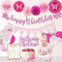 Half Birthday Decorations Baby Girl, Hombae 12 Birthday Decorations Supplies, 6 Months Birthday Decorations, Pink Rose Gold Glitter Half Birthday Banner with Triangle Flag Banner, 12 Birthday Hat