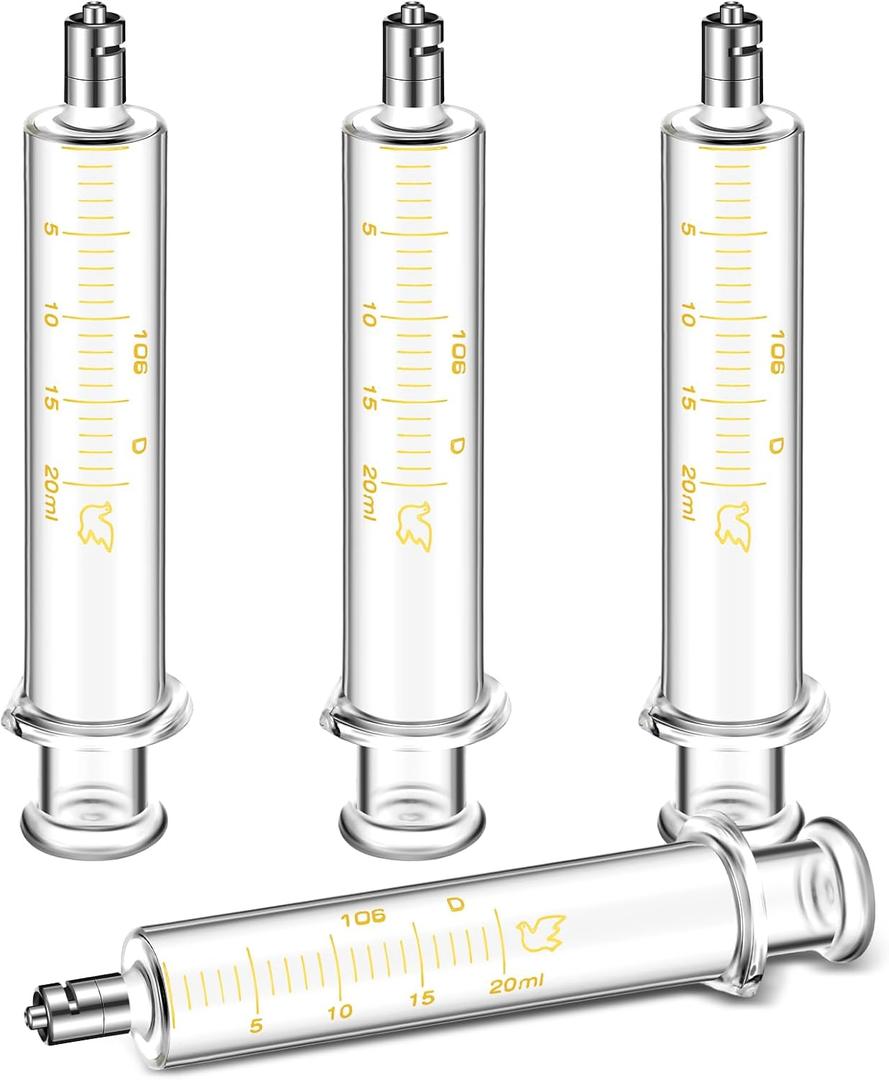 TrelaCo 4 Pack 20ml Reusable Glass Syringe with No Needle, Measurement and Dispensing Syringe Tools for Liquid Measuring, Feeding Pets, Oil or Glue Applicator