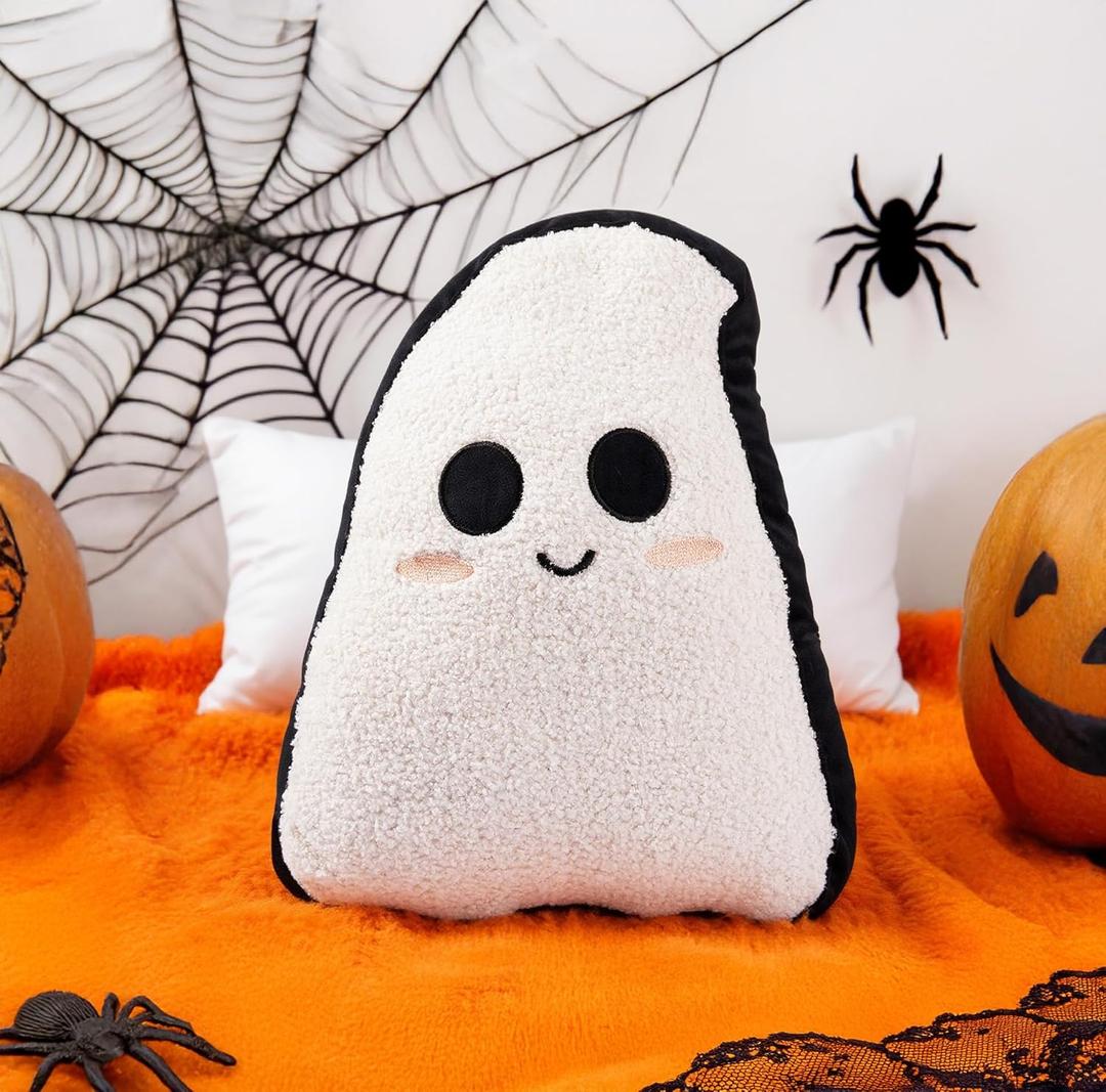 WDS WONDROUS Ghost Pillows Halloween Decor  Ghost Shaped Throw Pillow for Home, Soft Stuffed Fun Ghost Cushion Halloween Decorations Indoor  Cute Black and White Halloween Pillow  15.8x12.6in