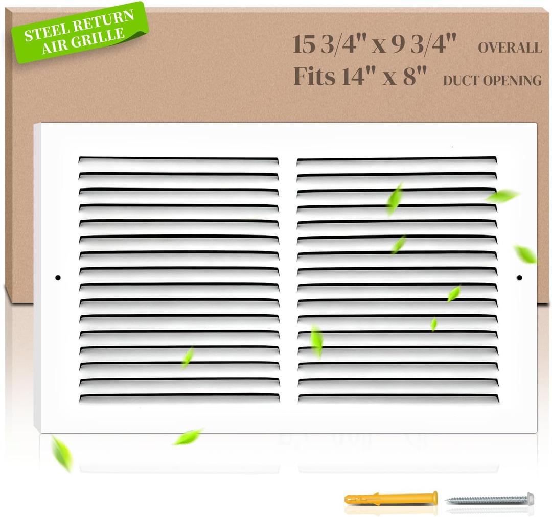 14"W x 8"H Return Air Grille [Duct Opening Size], Steel HVAC Return Air Vent Cover for Wall & Ceiling, White Powder-Coated Rust-Resistant AC Cold Air Return, Outer Dimensions 15.75"W x 9.75"H