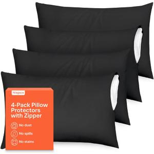 Ultra Soft Pillow Protectors with Zipper Queen Size - Set of 4 Breathable Pillow Covers - 100% Protection Against Stains, Dust & Dirt - Machine Washable (Black)