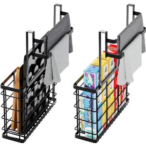 2 Pack Cabinet Door Organizer, Over The Cabinet Door Organizer with Double Towel Bar, Cutting Board Organizer, Kitchen Cabinet Towel Holder with Foil and Wrap Organizer