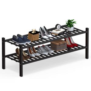 Haddockway Long 2 Tier Bamboo Shoe Rack Storage Organizer, Multifunctional Free Standing Stackable Shoe Shelf with Grid Panel for Closet,Hallway,Entryway,Small Space 34.2"x11"x13"