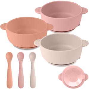 3 Pack Baby Bowls with Suction and 3 Pack Baby Spoons, BPA Free, Silicone Baby Feeding Set for Babies Toddler Kids, Microwave and Dishwasher Safe (Purple)