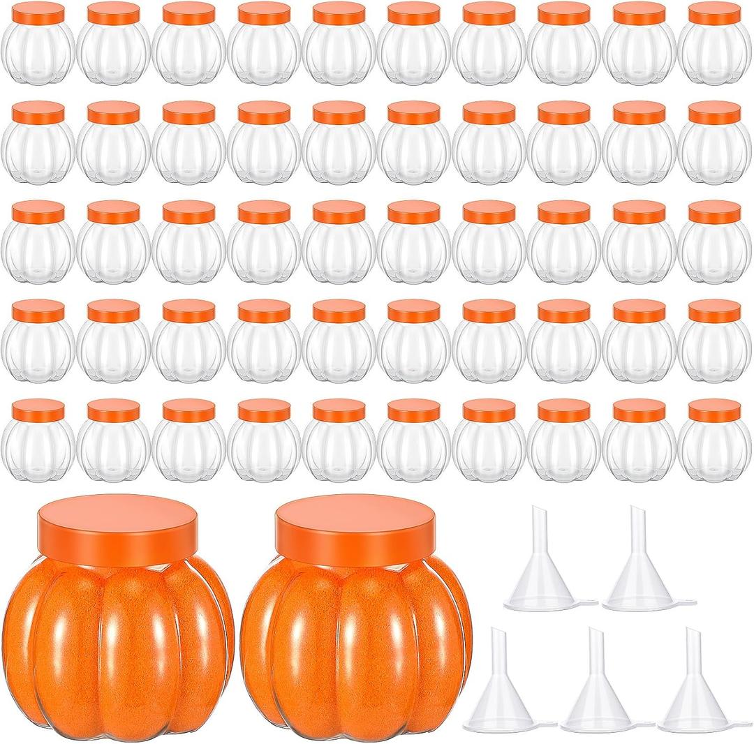 Hsei 50 Pcs Potion Bottles and 5 Small Funnels Round Glass Clear Potion Jars for Liquor Thanksgiving Fall Decoration DIY Art Crafts Gift Sand Art, Without Sand(Pumpkin)