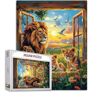 Animal Family Jigsaw Puzzles 1000 Pieces for Adults, Families (Lions, Birds, Flowers, Sunset, Tropical Plants) Pieces Fit Together Perfectly 19.7''x27.6''inch Window Landscape Magic Puzzle Art Gift