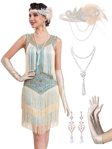 RRYIO 1920s Flapper Dresses for Women,Lace V Neck Great Gatsby Dresses Fringed Roaring 20s (Light Blue, XL)
