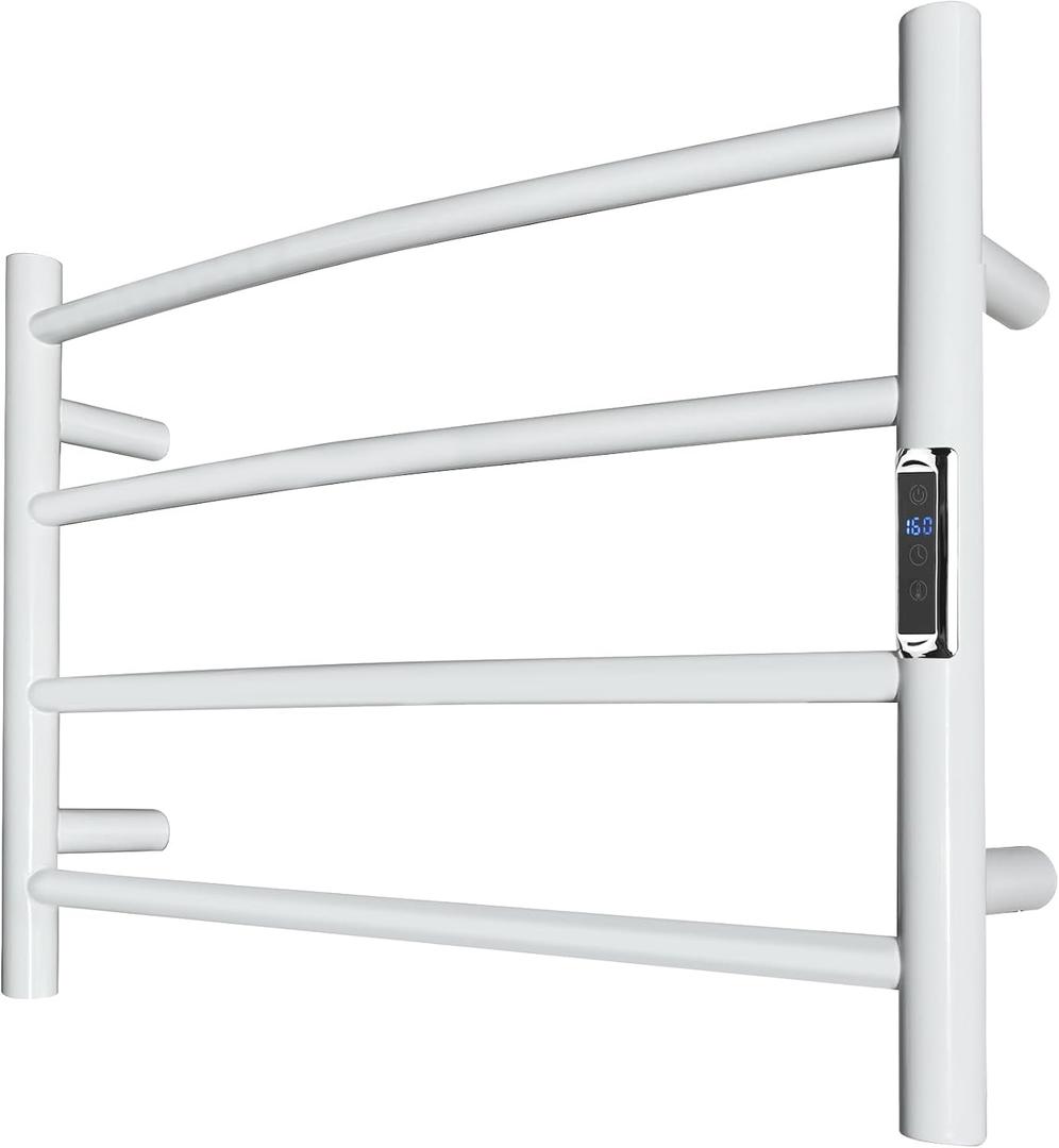 Towel Warmer with Built-in Timer Bathroom Wall Mounted Bath Towel Heater Plug-in Electric Heated Towel Rack Stainless Steel Curved Round Oil Rubbed Drying Rack 16.54x23.62x5.51 inches White