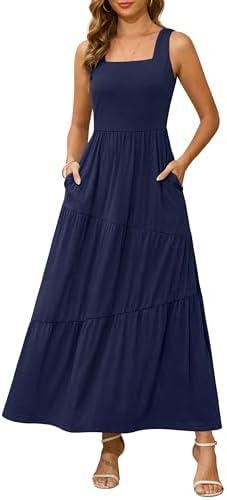 Kranda 2025 Summer Sleeveless Long Beach Sundress Square Neck Tank Top Tiered Maxi Dress with Pockets S