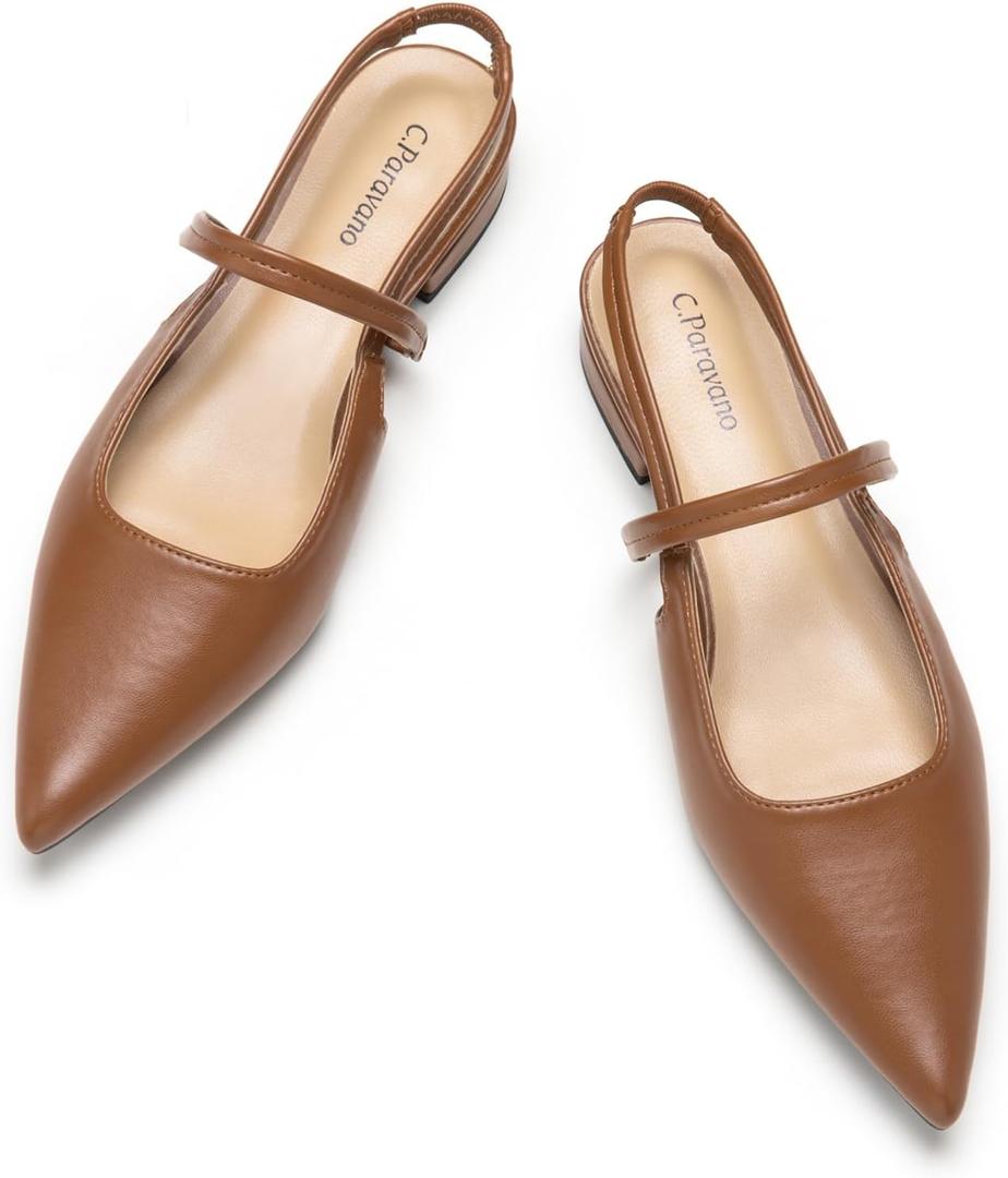 C.Paravano Women's Slingback Flats & Heels - Pointed Toe, Ankle Strap, Comfortable Leather Dress Shoes (8)