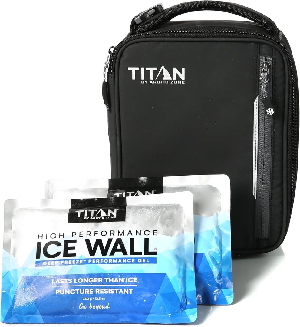 Titan by Arctic Zone Fridge Cold Lunch Box with 2 Gel Ice Packs, Small Insulated Cooler Bag with Leak Proof Lining for School and Work, Black Ice